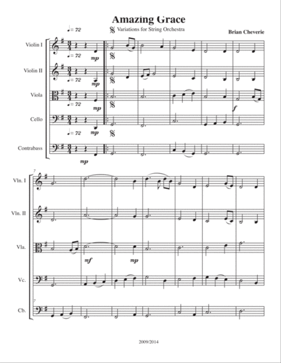Variations on Amazing Grace for String Orchestra. String Orchestra scores gallery preview page 1