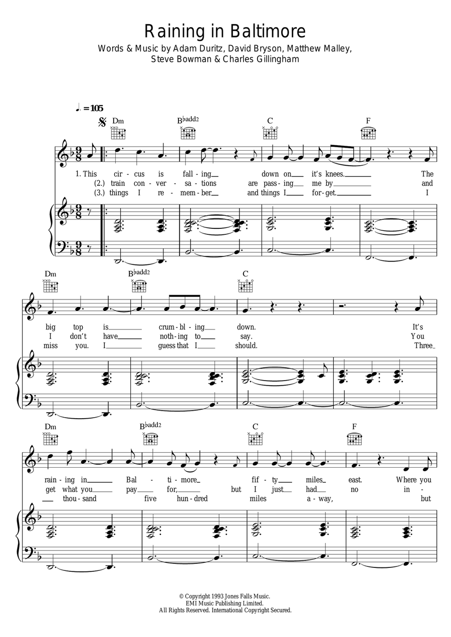 Raining In Baltimore Piano, Vocal scores gallery preview page 1