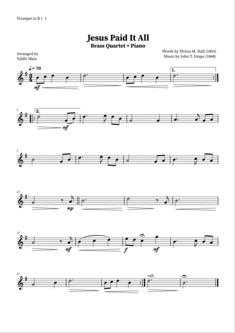 Jesus Paid It All - Brass Quartet and Piano Brass Quartet scores gallery preview page 4