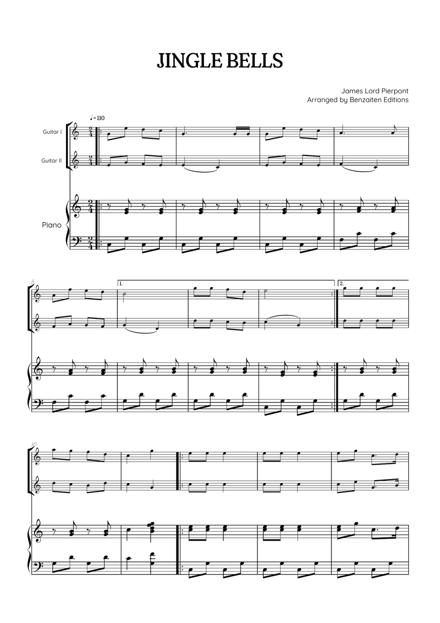 Jingle Bells • Christmas Song | acoustic guitar duet sheet music w/ piano accompaniment Acoustic Guitar scores gallery preview page 1