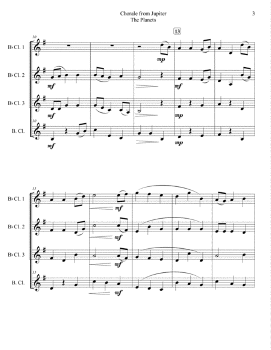 Chorale from Jupiter for Clarinet Quartet Clarinet Quartet scores gallery preview page 3