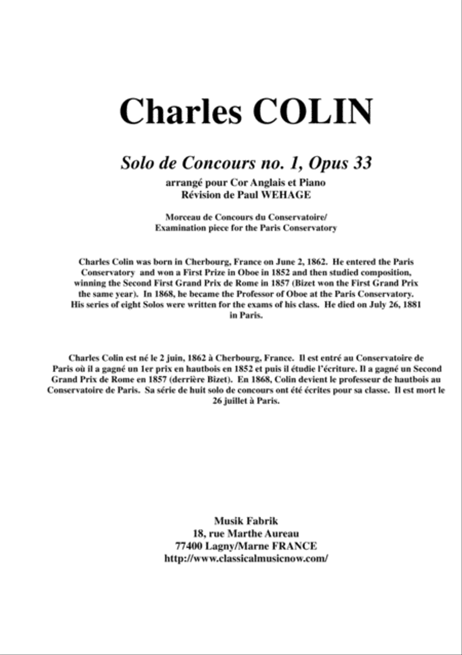 Charles COLIN Solo de Concours no. 1, Opus 33 , arranged for english horn and piano English Horn scores gallery preview page 1