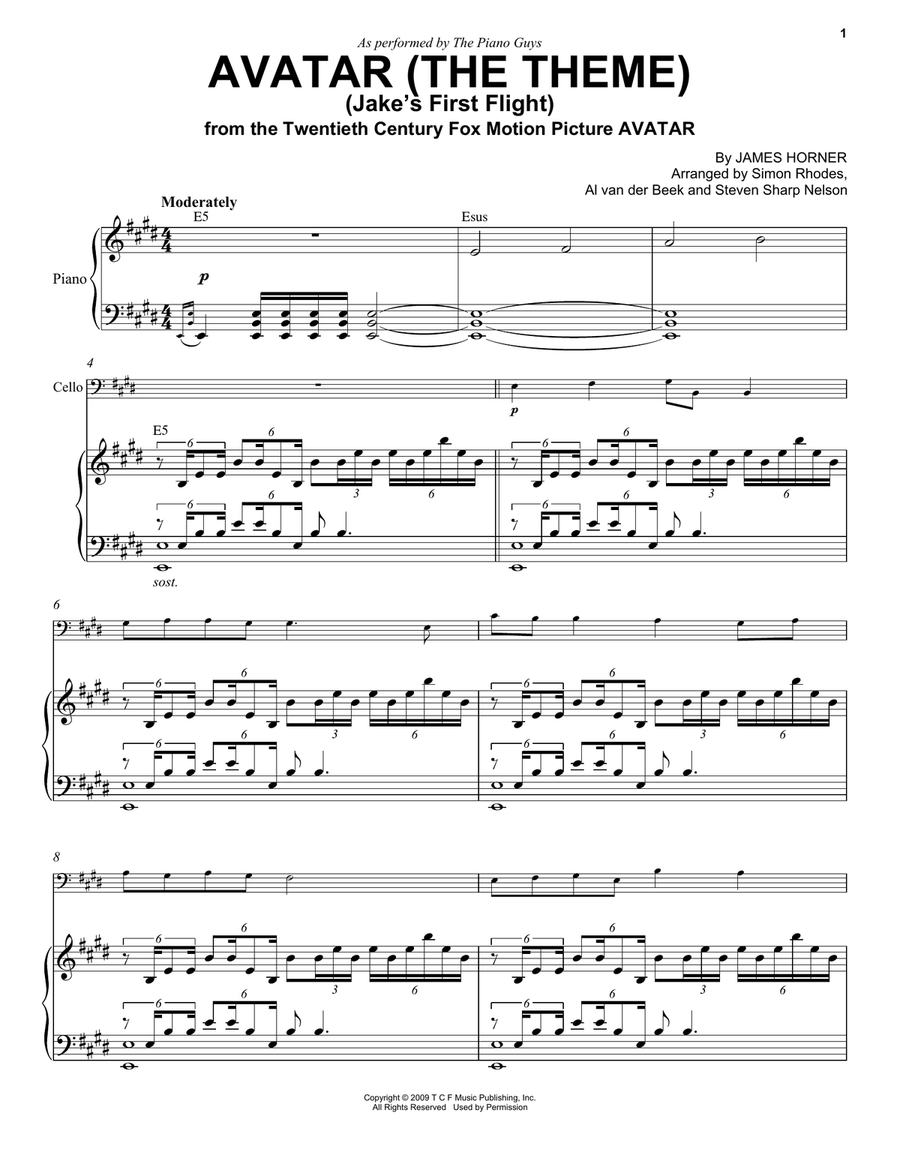 Avatar (The Theme) (Jake's First Flight) Piano scores gallery preview page 1
