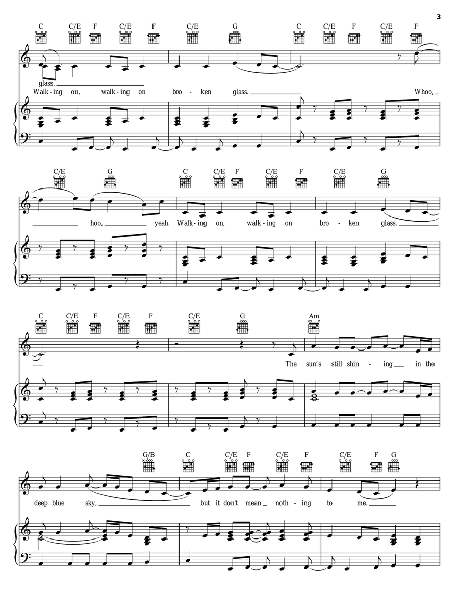 Walking On Broken Glass Piano, Vocal, Guitar scores gallery preview page 3