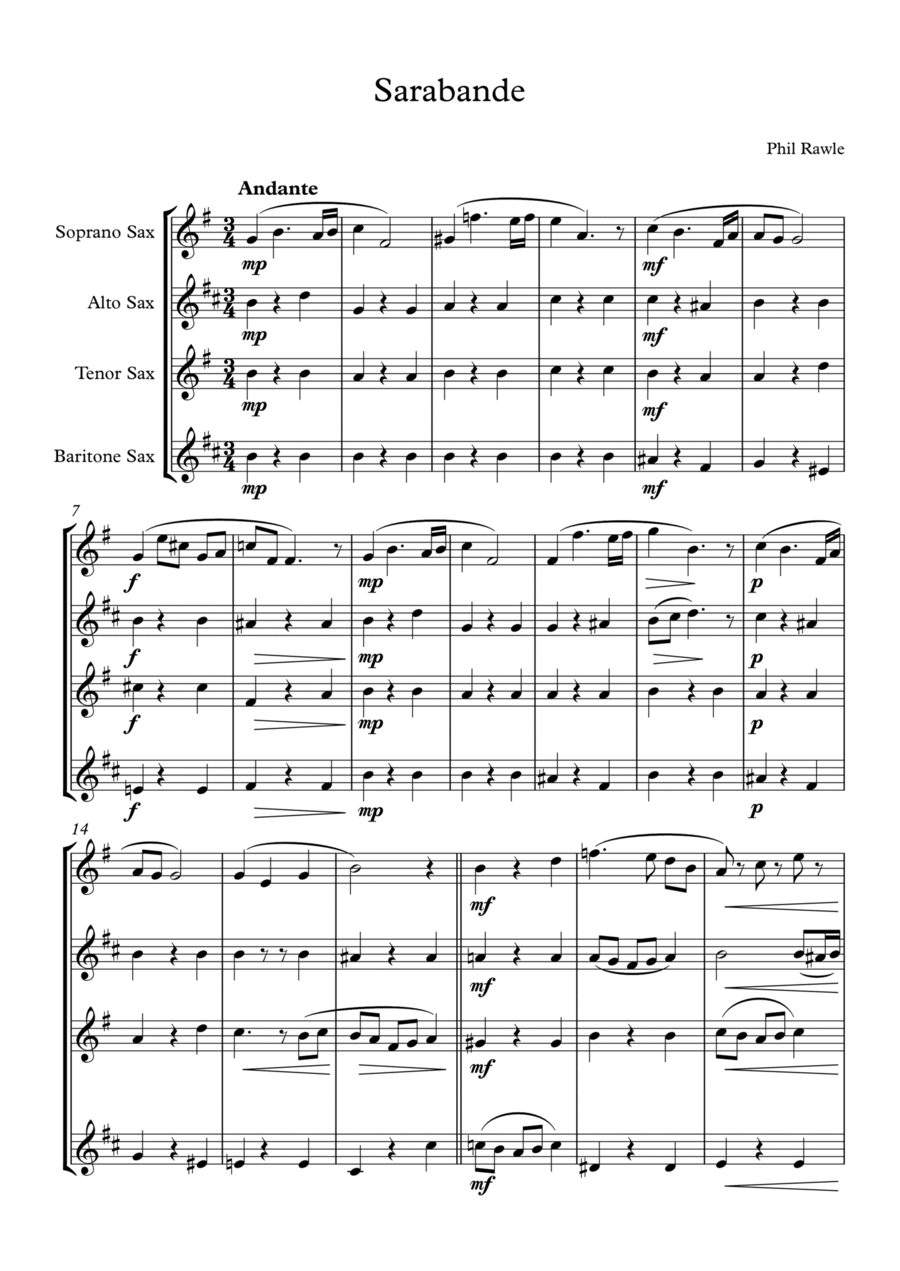 Sarabande - Saxophone Quartet Saxophone Quartet scores gallery preview page 1