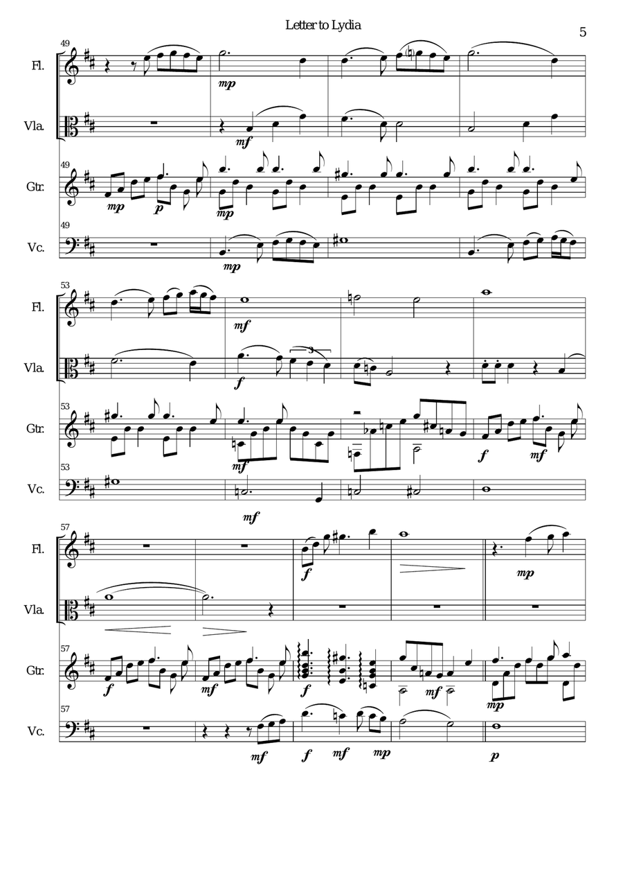 Letter to Lydia for viola, flute, cello and guitar Small Ensemble scores gallery preview page 5