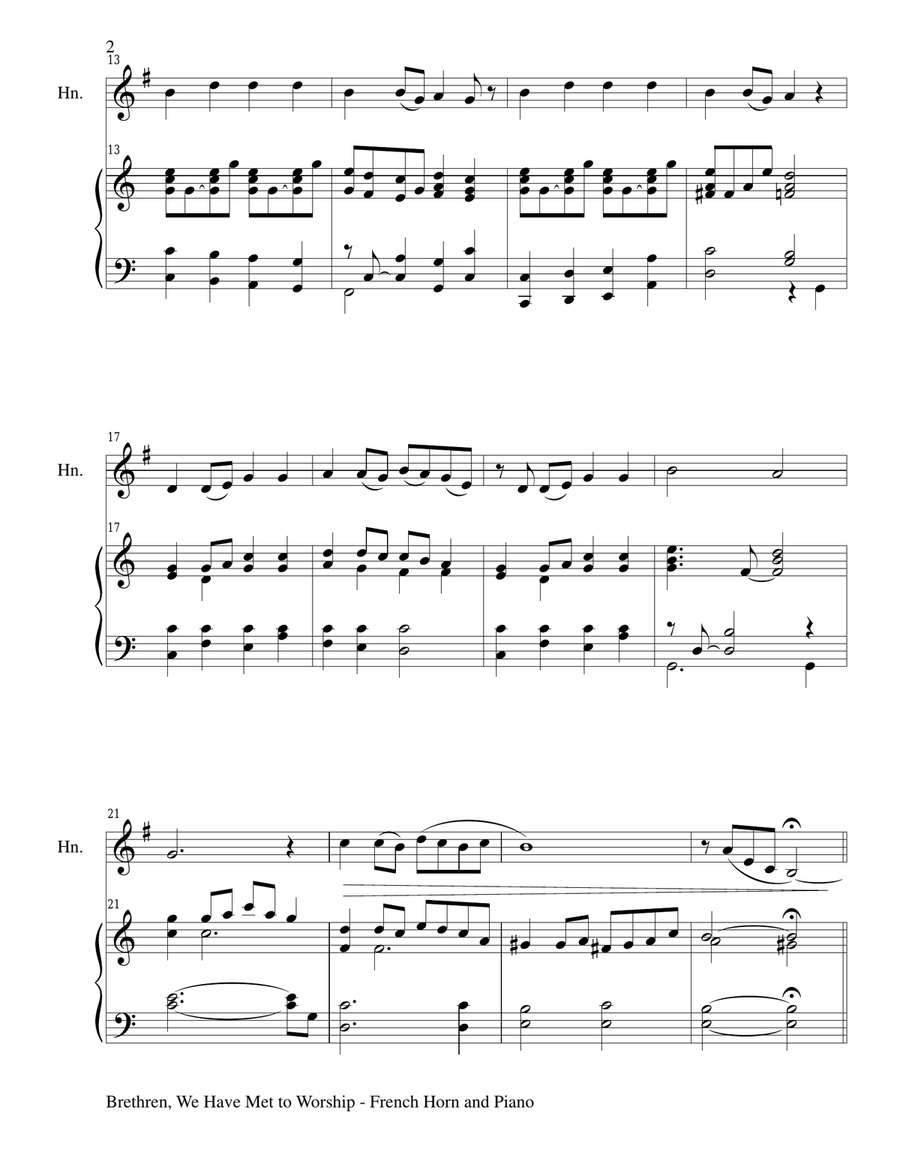 BRETHREN, WE HAVE MET TO WORSHIP (Duet – French Horn and Piano/Score and Parts) Brass Duet scores gallery preview page 2