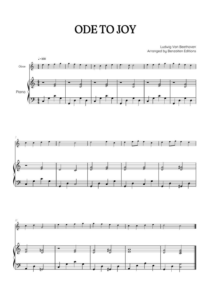 Beethoven • Ode to Joy | oboe sheet music w/ piano accompaniment