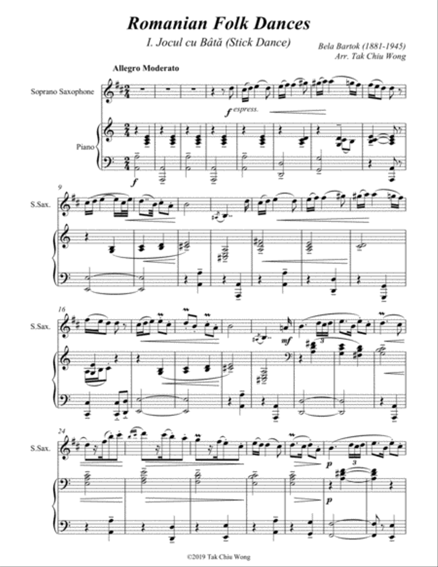 Bartok, Romanian Folk Dances for Soprano Saxophone and Piano Soprano Saxophone scores gallery preview page 1