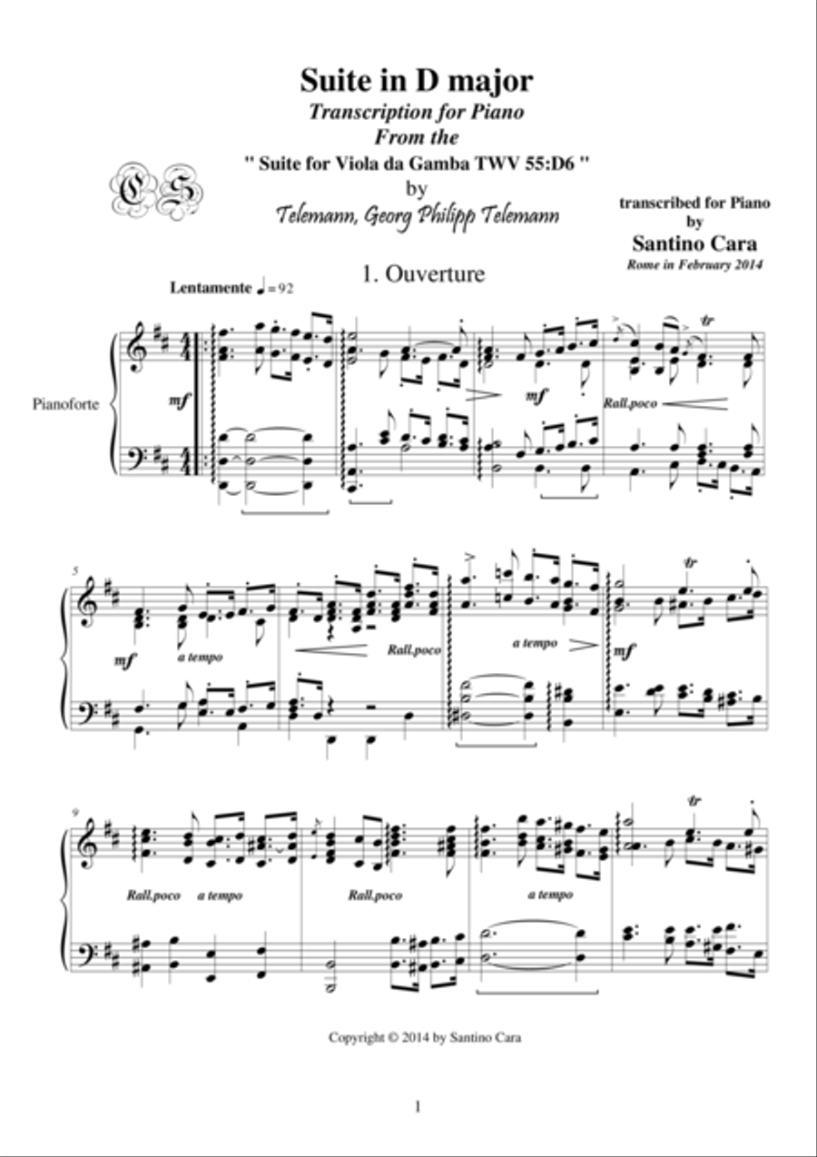 Telemann Suite in D major for piano – 1-Ouverture, TWV 55:D6 4-Part scores gallery preview page 1