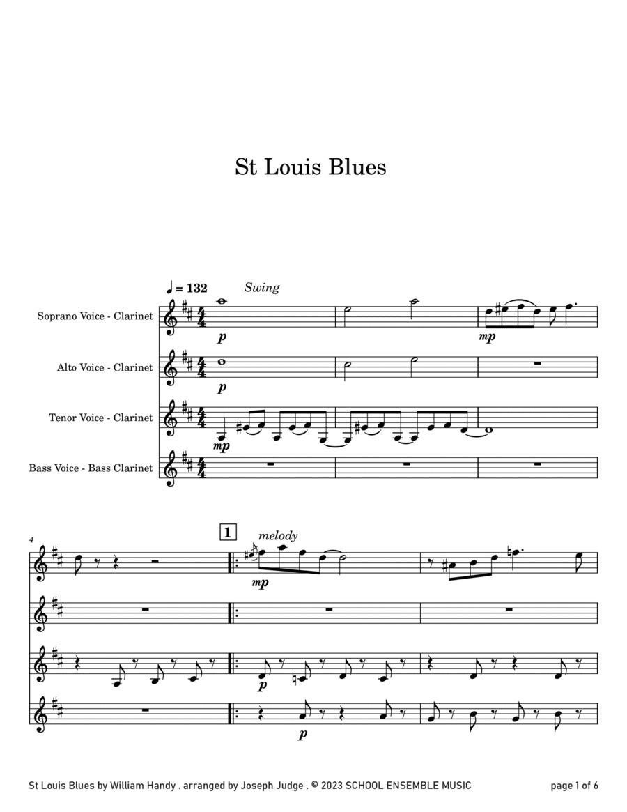 St Louis Blues by Handy for Clarinet Quartet in Schools Clarinet Quartet scores gallery preview page 1