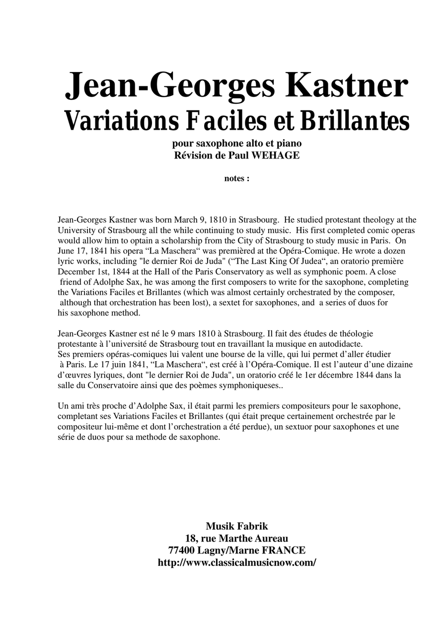 Jean-Georges Kastner: Variations Faciles et Brillantes for alto saxophone and piano Alto Saxophone scores gallery preview page 1