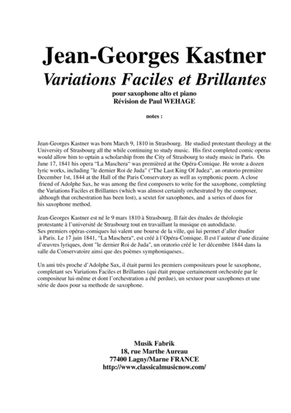 Jean-Georges Kastner: Variations Faciles et Brillantes for alto saxophone and piano by Paul Wehage Alto Saxophone - Digital Sheet Music