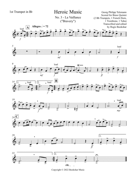 Heroic Music - No. 3. La Vaillance (Bb) (Brass Quintet - 2 Trp, 1 Hrn, 1 Trb, 1 Tuba) image number null
