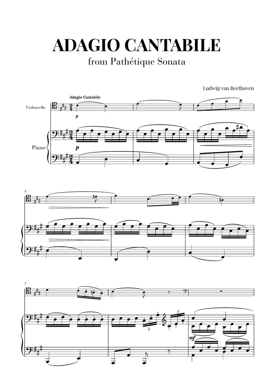 Sonata Pathetique (2nd Movement) - Adagio Cantabile for Cello and Piano String Orchestra scores gallery preview page 1