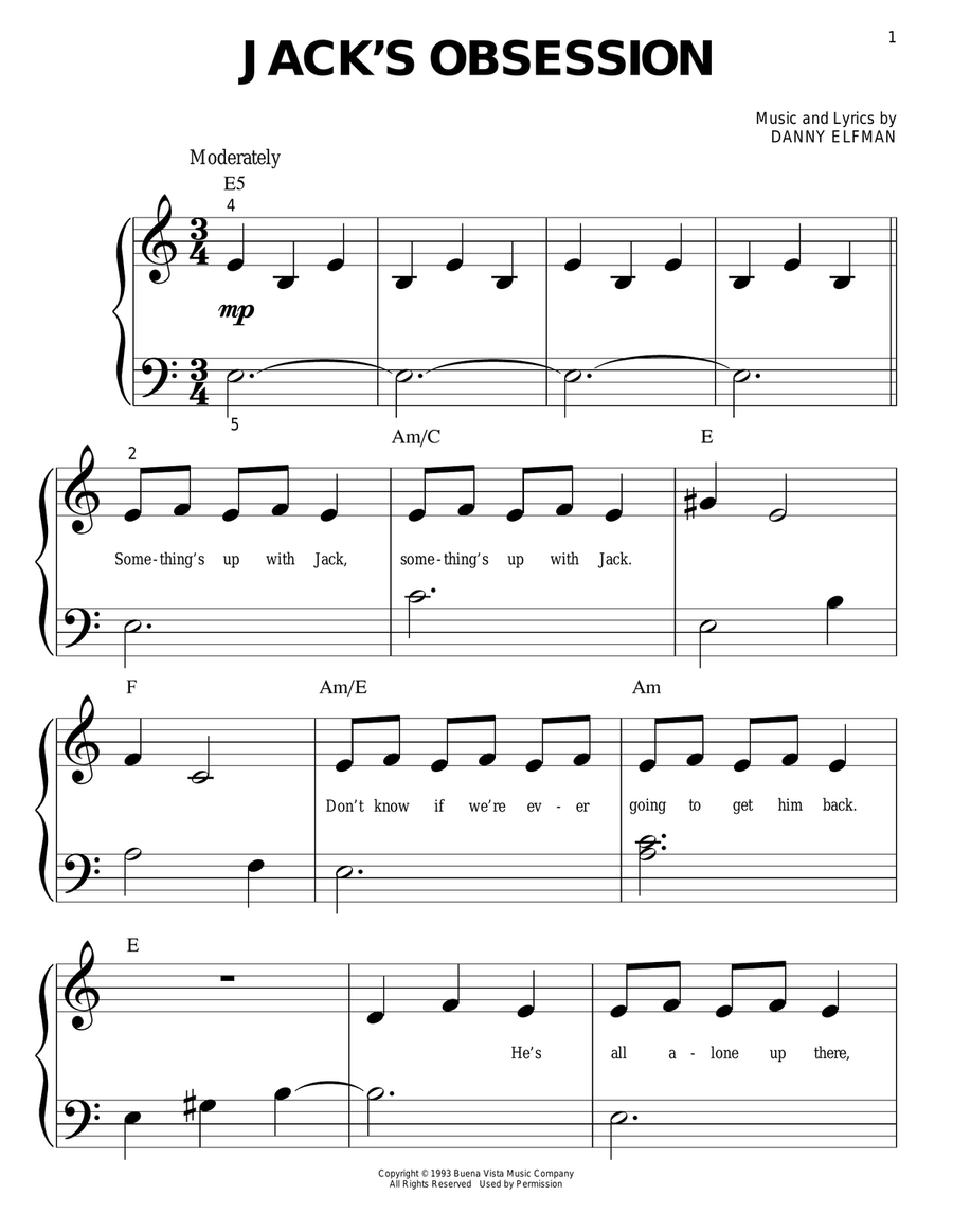 Jack's Obsession (from The Nightmare Before Christmas) Easy Piano scores gallery preview page 1