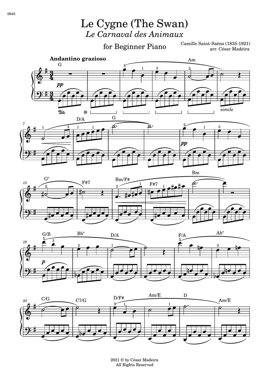 The Swan (Le Cygne) by Saint-Saens - Easy Piano - W/Chords (Full Score) Easy Piano scores gallery preview page 2