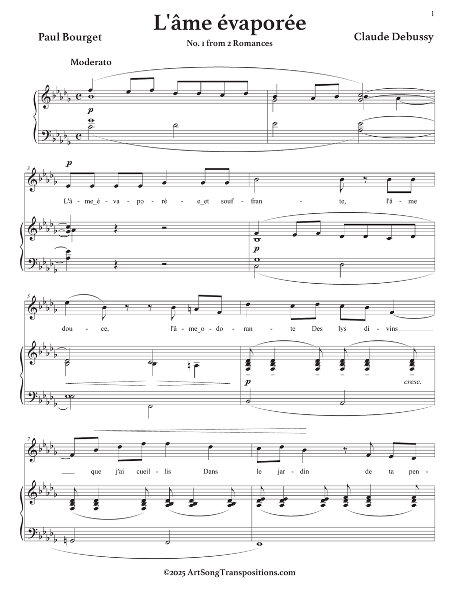 DEBUSSY: L'âme évaporée (transposed to D-flat major, 
