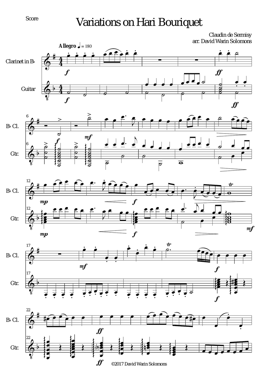 Variations on Hari Bouriquet for clarinet and guitar Clarinet scores gallery preview page 1