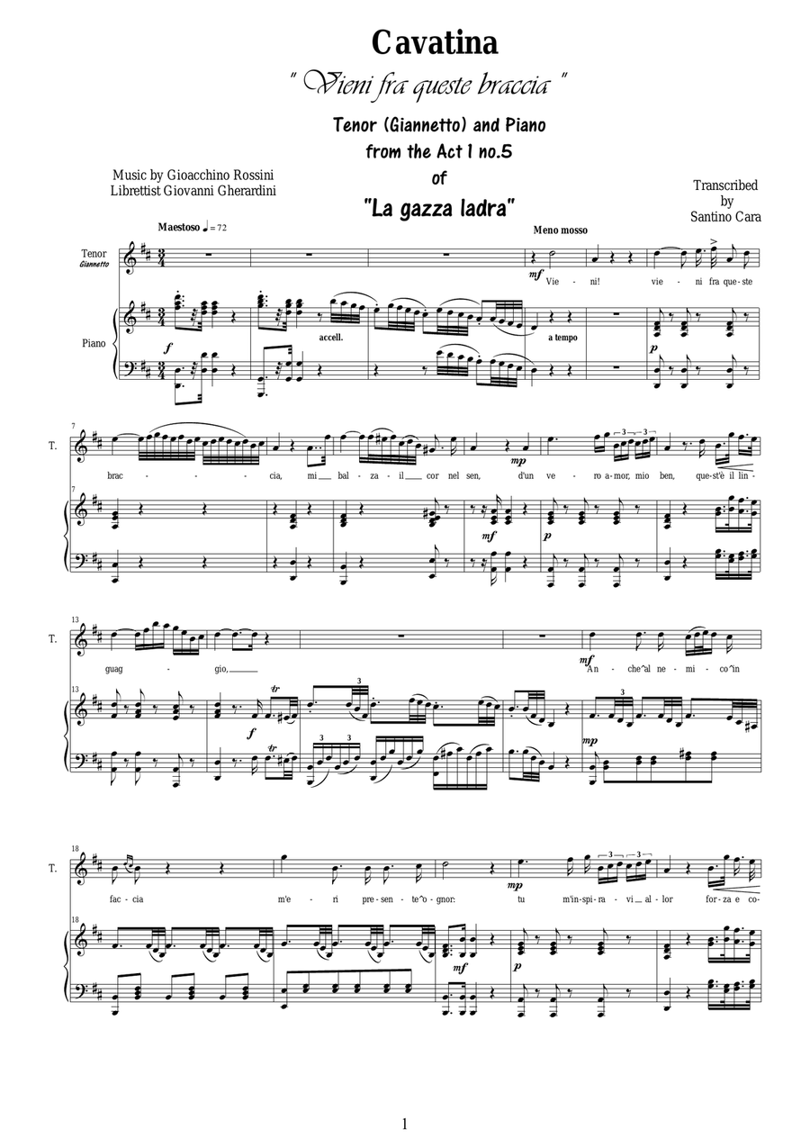 Rossini-La gazza ladra (Act 1s5) Vieni fra queste braccia - tenor and piano Tenor Voice scores gallery preview page 1
