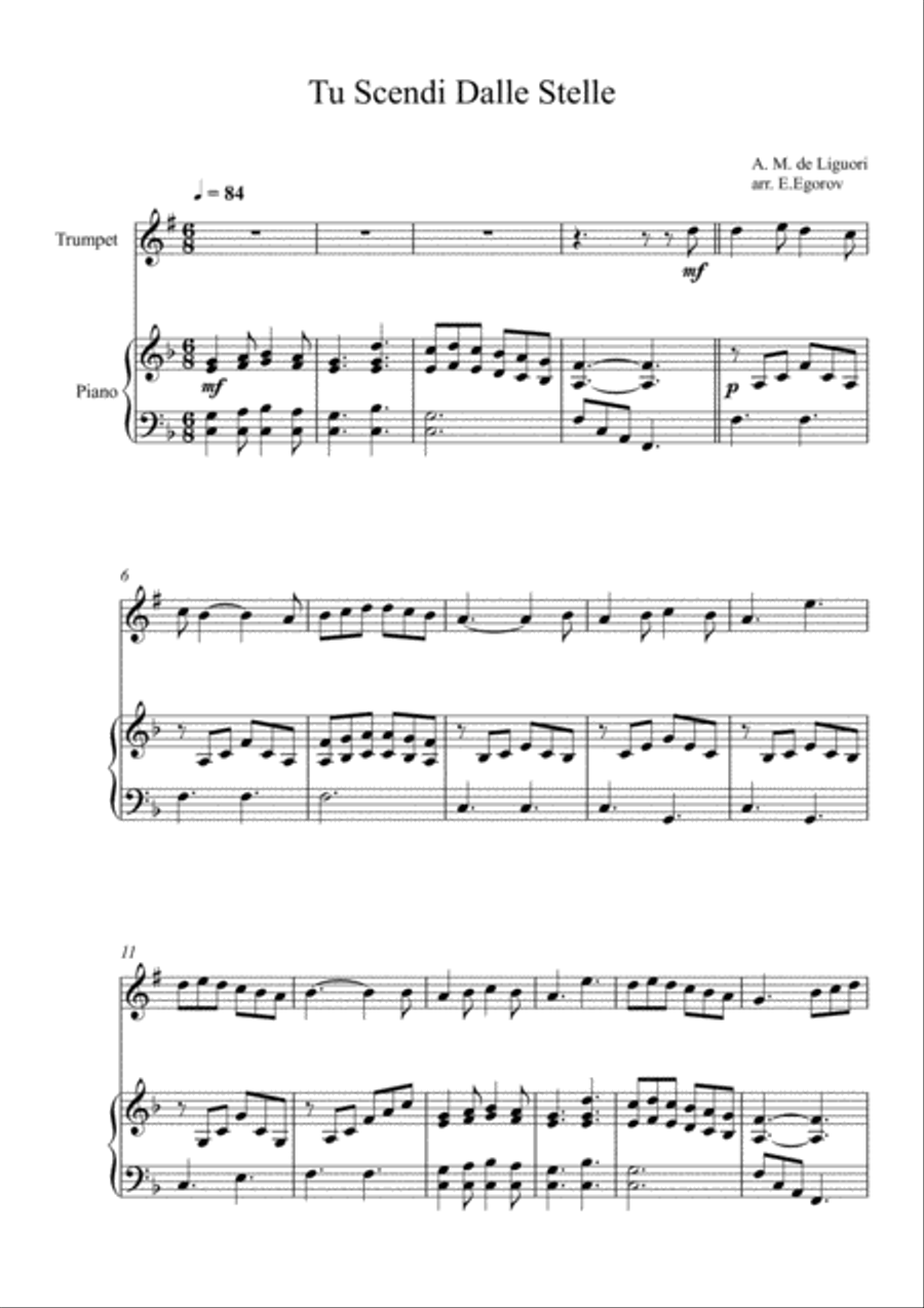 Tu Scendi Dalle Stelle, Alfons Maria de Liguori, For Trumpet & Piano Trumpet Solo scores gallery preview page 1