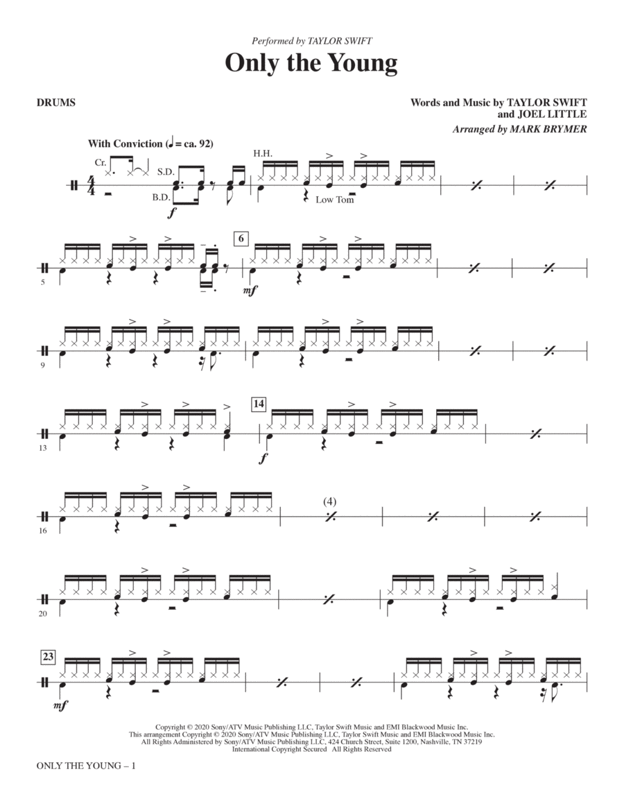 Only the Young (arr. Mark Brymer) - Drums Choir scores gallery preview page 1
