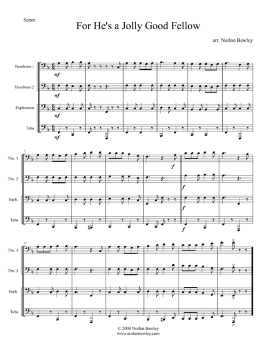For He's A Jolly Good Fellow - Low Brass Quartet Brass Quartet scores gallery preview page 1