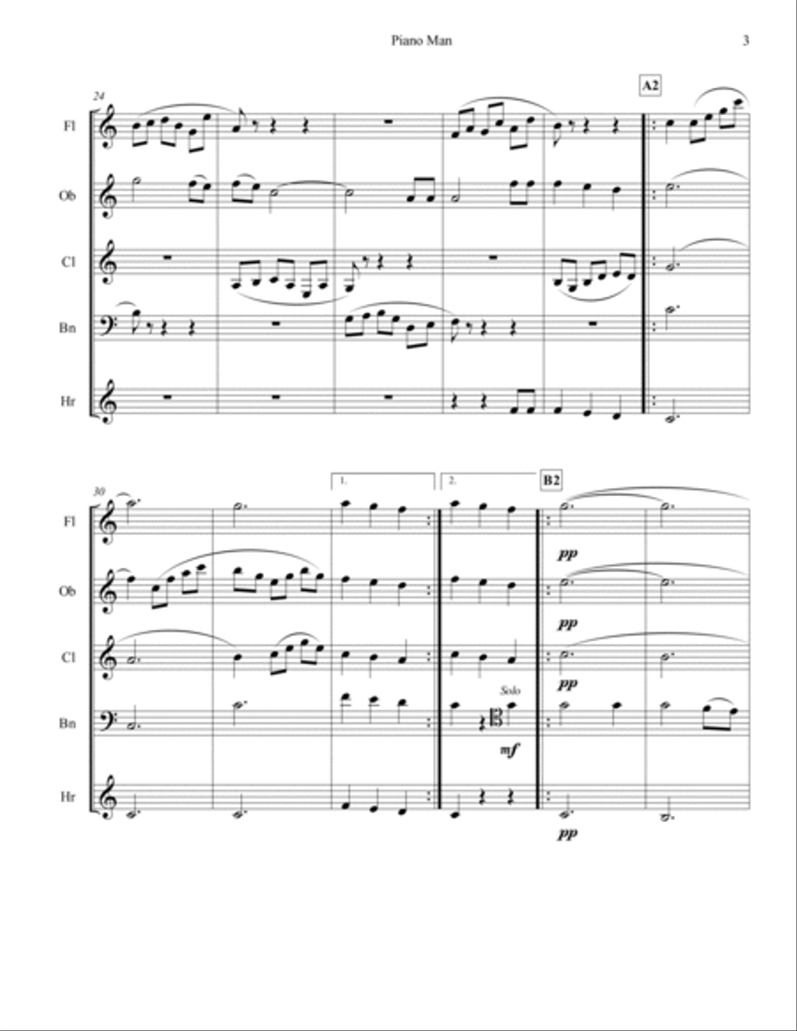 Piano Man Woodwind Quintet scores gallery preview page 3