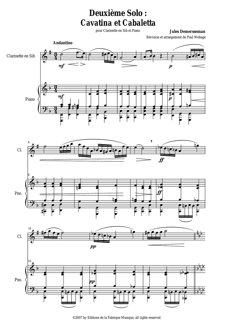 Jules Demersseman : Deuxième Solo : Cavatina et Cabaletta for clarinet in Bb and piano B-Flat Clarinet scores gallery preview page 2