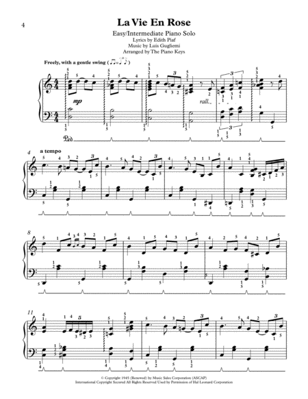 La Vie En Rose Easy/Intermediate Piano Solo