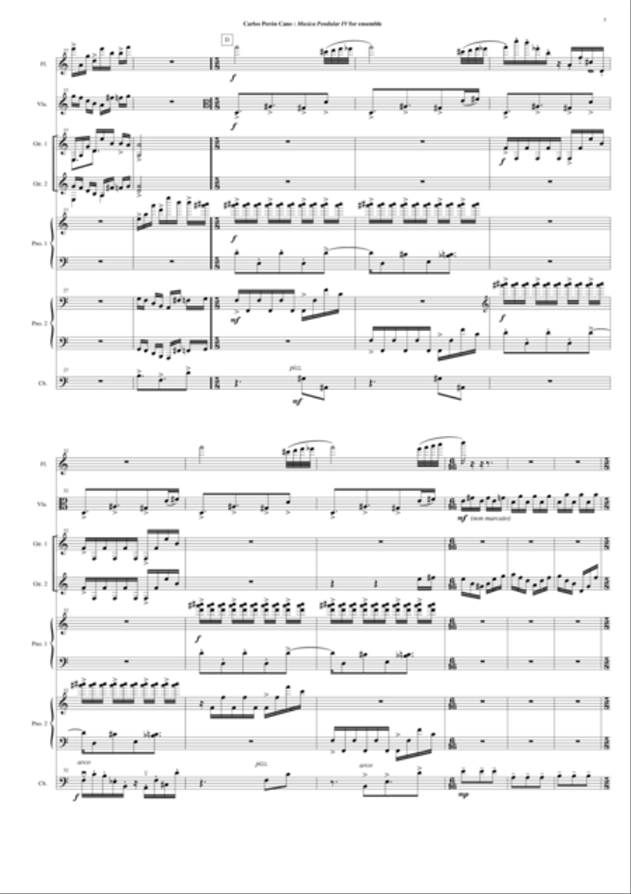 Carlos Perón Cano: Musica pendular IV for flute, viola, two guitars, two pianos and contrabass