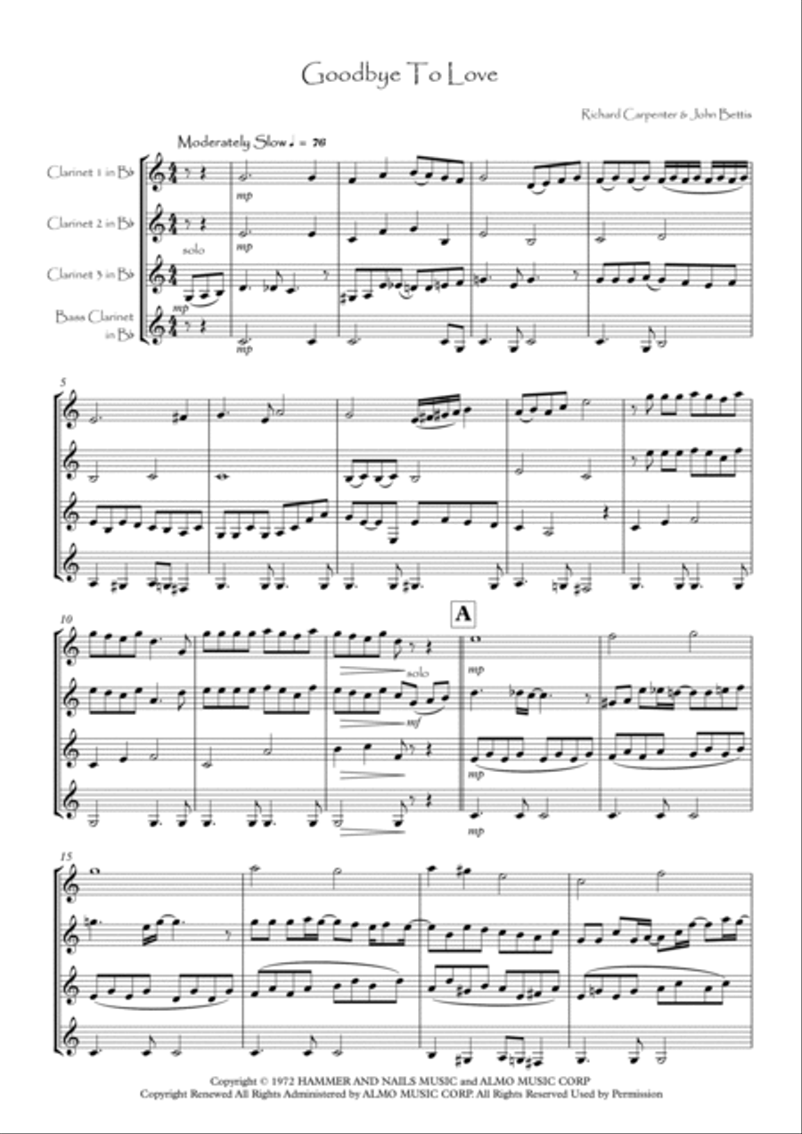 Goodbye To Love Clarinet Quartet scores gallery preview page 2