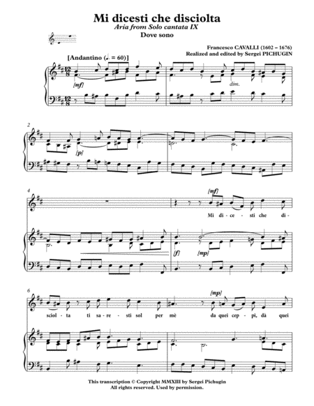 CAVALLI Francesco: Mi dicesti che disciolta, aria from the cantata, arranged for Voice and Piano (B image number null