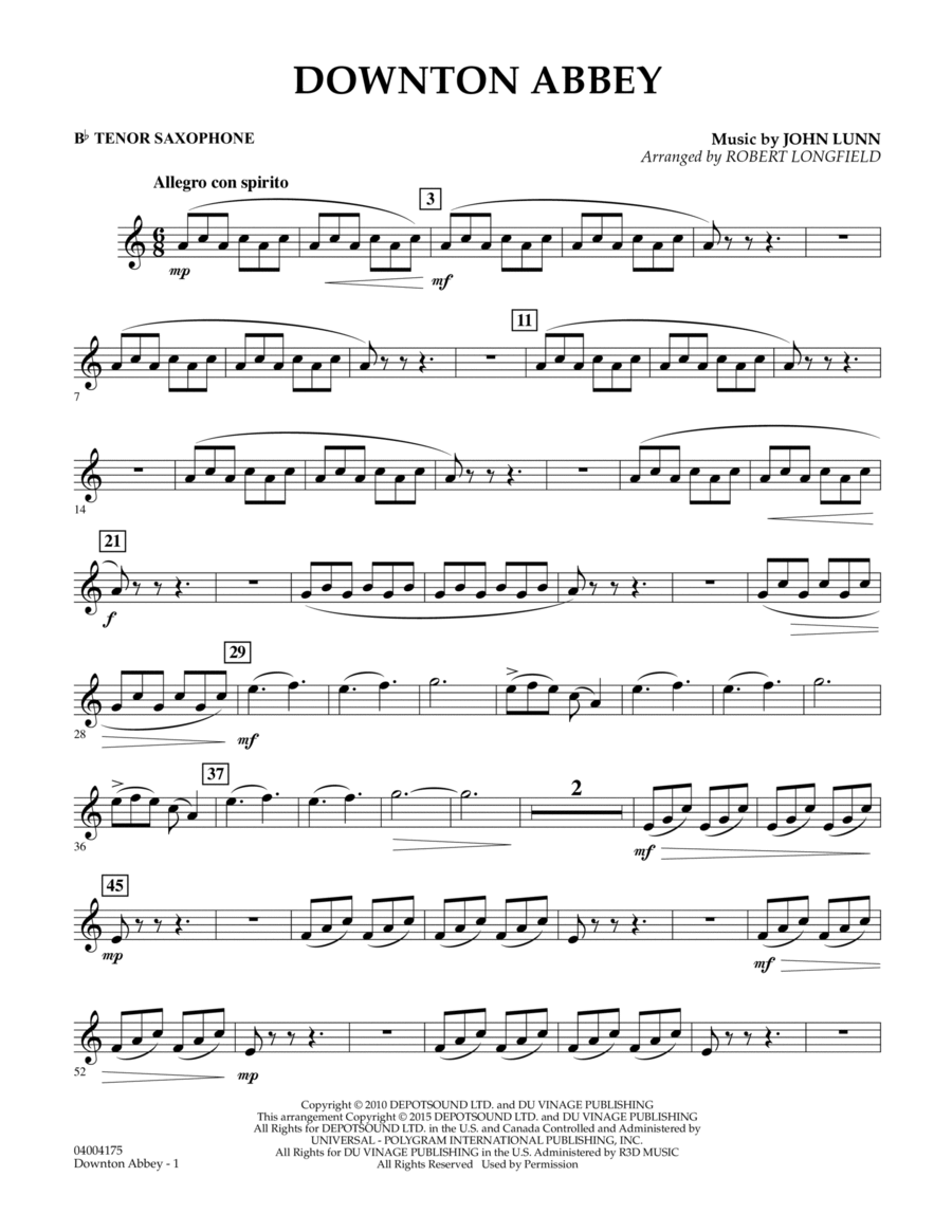 Downton Abbey - Bb Tenor Saxophone Concert Band scores gallery preview page 1