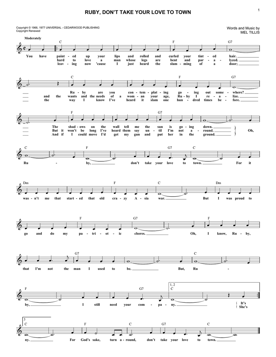 Ruby, Don't Take Your Love To Town Electric Guitar scores gallery preview page 1