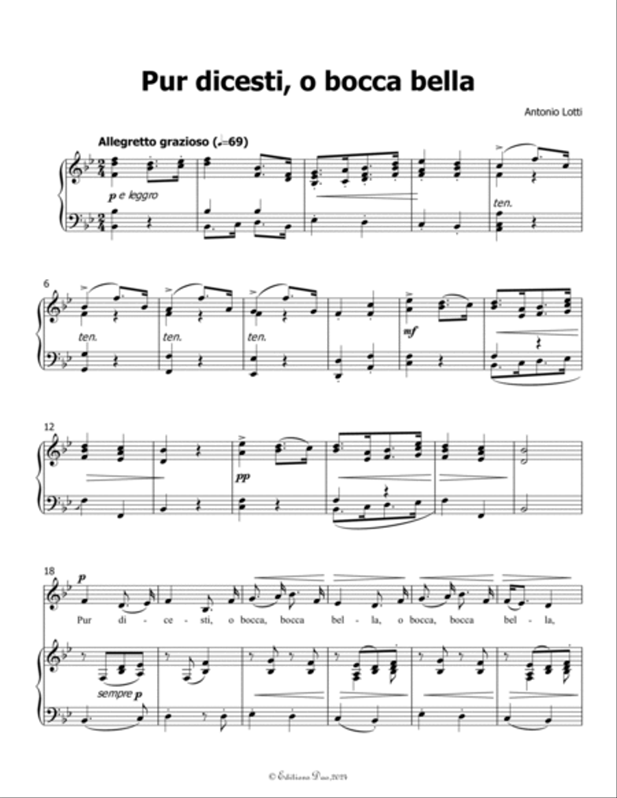 Pur dicesti,o bocca bella, by Antonio Lotti, in B flat Major Voice scores gallery preview page 3