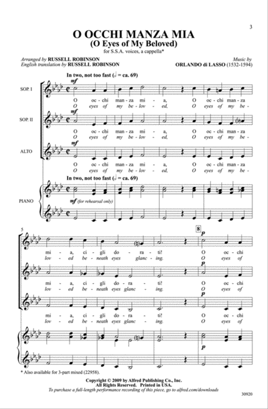 O Occhi Manza Mia (O Eyes of My Beloved) SSA scores gallery preview page 2