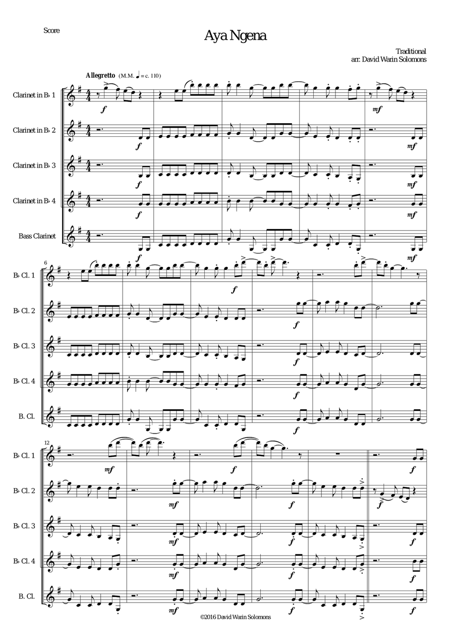 Aya Ngena for clarinet quintet (4 B flats and 1 Bass)