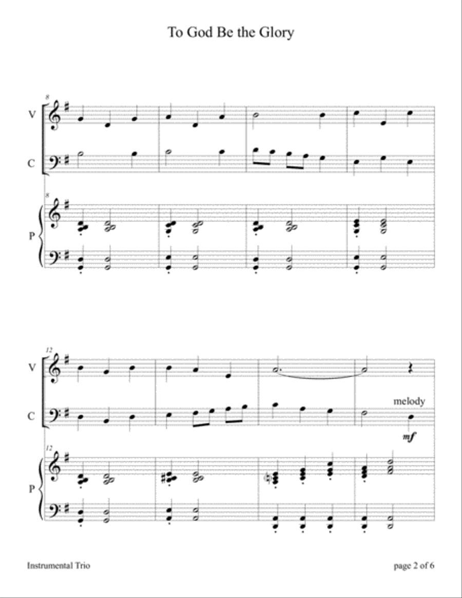 To God Be the Glory (Easy Violin and Cello Duet with Piano Accompaniment) Piano Trio scores gallery preview page 5