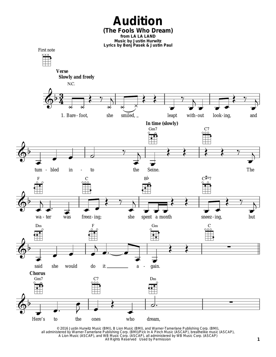 Audition (The Fools Who Dream) Ukulele scores gallery preview page 1