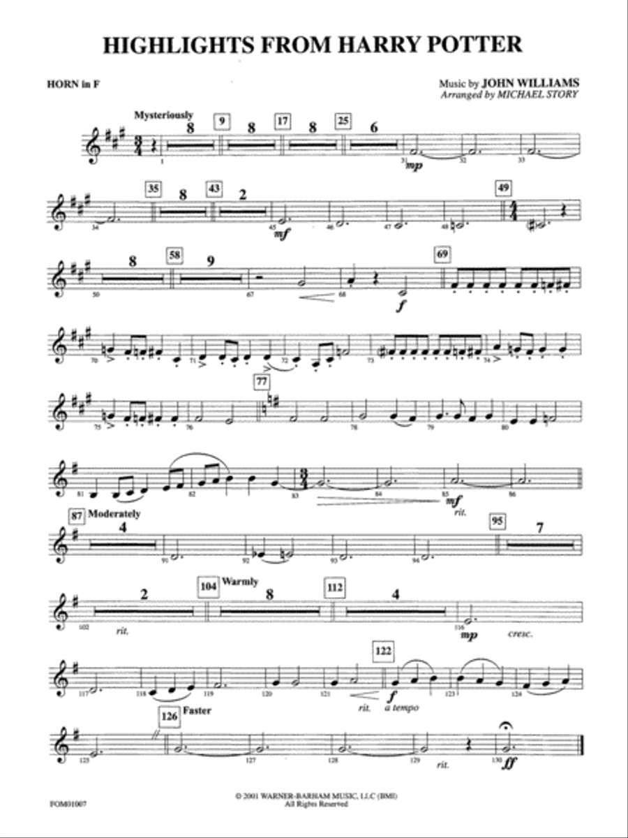 Harry Potter, Highlights from: 1st F Horn Full Orchestra scores gallery preview page 1