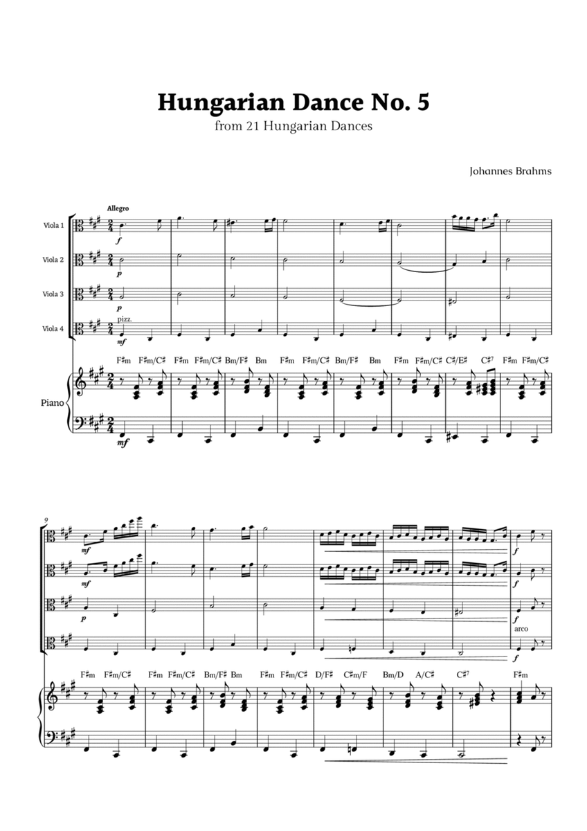Hungarian Dance No. 5 by Brahms for Viola Quartet and Piano image number null