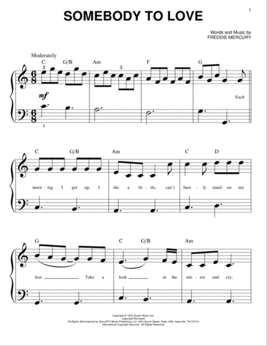 Somebody To Love Easy Piano scores gallery preview page 1