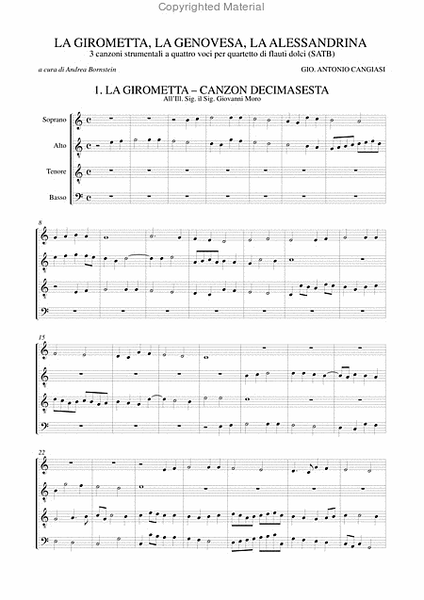 La Girometta, La Genovesa, La Alessandrina. 3 instrumental four-part Canzonas (Milano 1614) for Recorder Quartet (SATB)