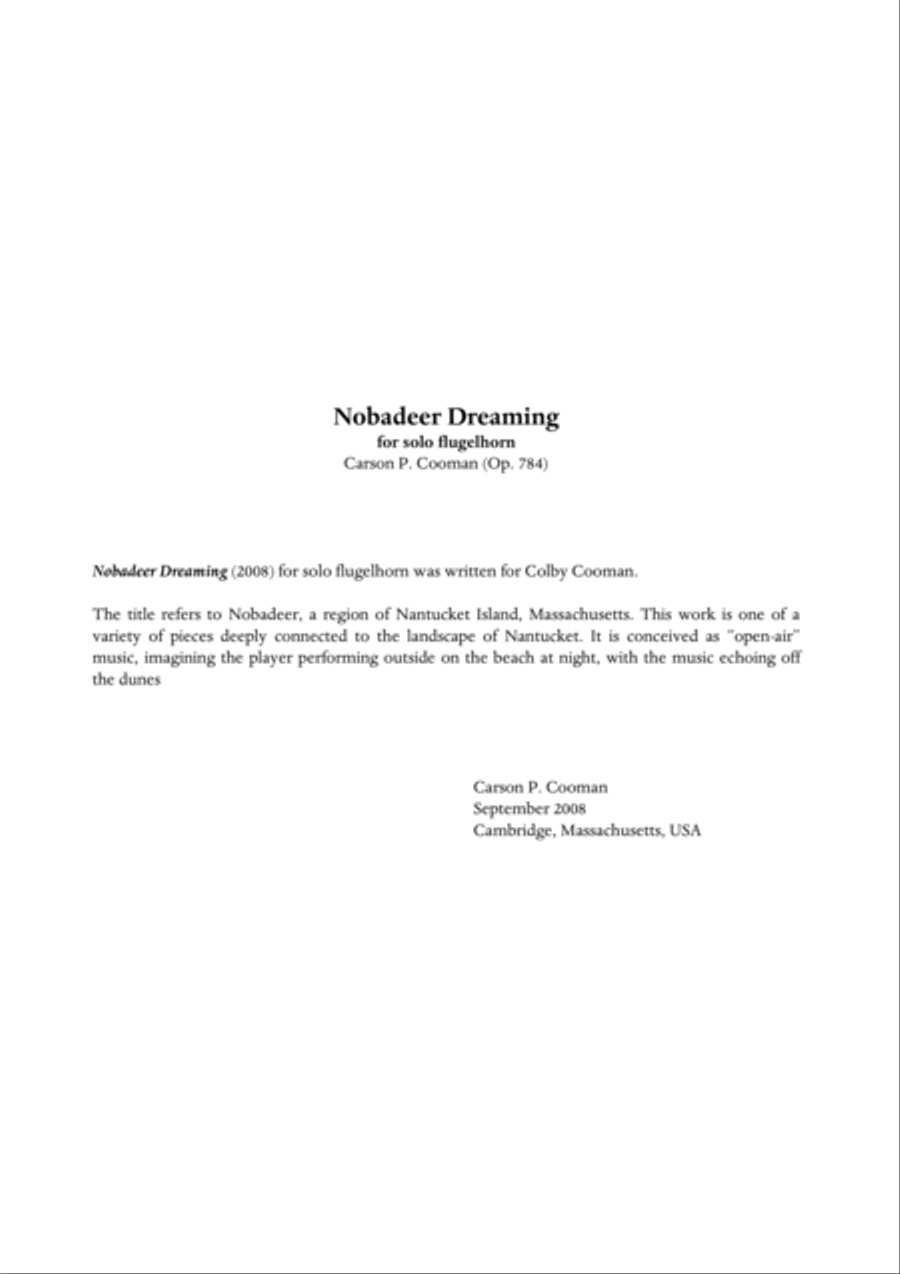 Carson Cooman - Nobadeer Dreaming for solo fluglehorn Flugelhorn scores gallery preview page 1