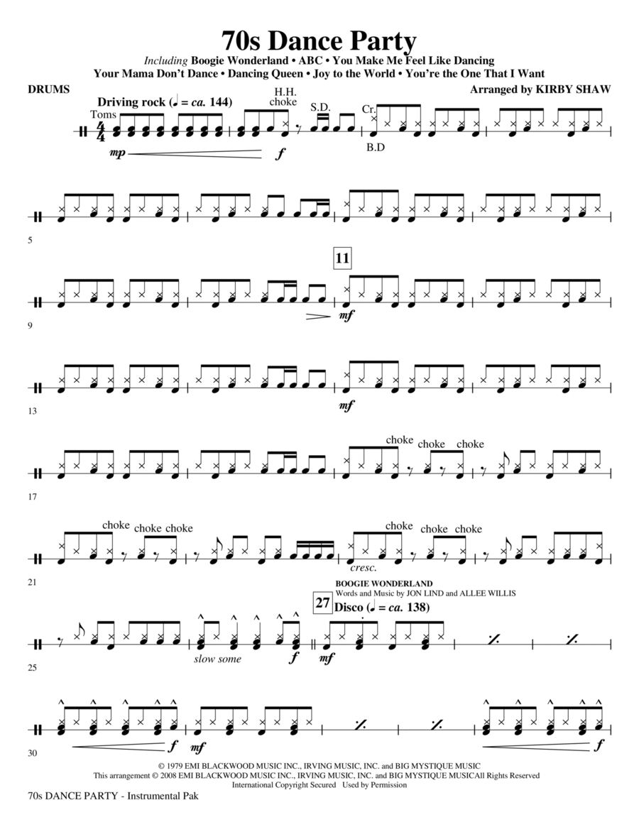 70s Dance Party (Medley) - Drums Choir scores gallery preview page 1