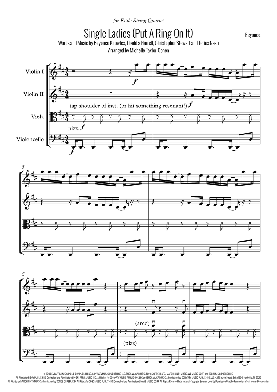 Single Ladies (Put A Ring On It) String Quartet scores gallery preview page 1