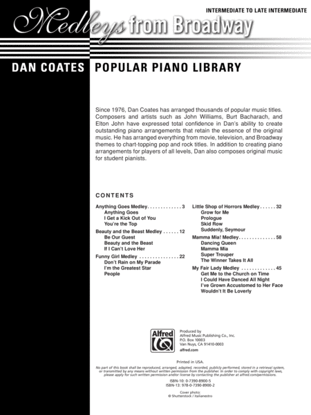 Dan Coates Popular Piano Library -- Medleys from Broadway by Dan Coates Piano Solo - Sheet Music