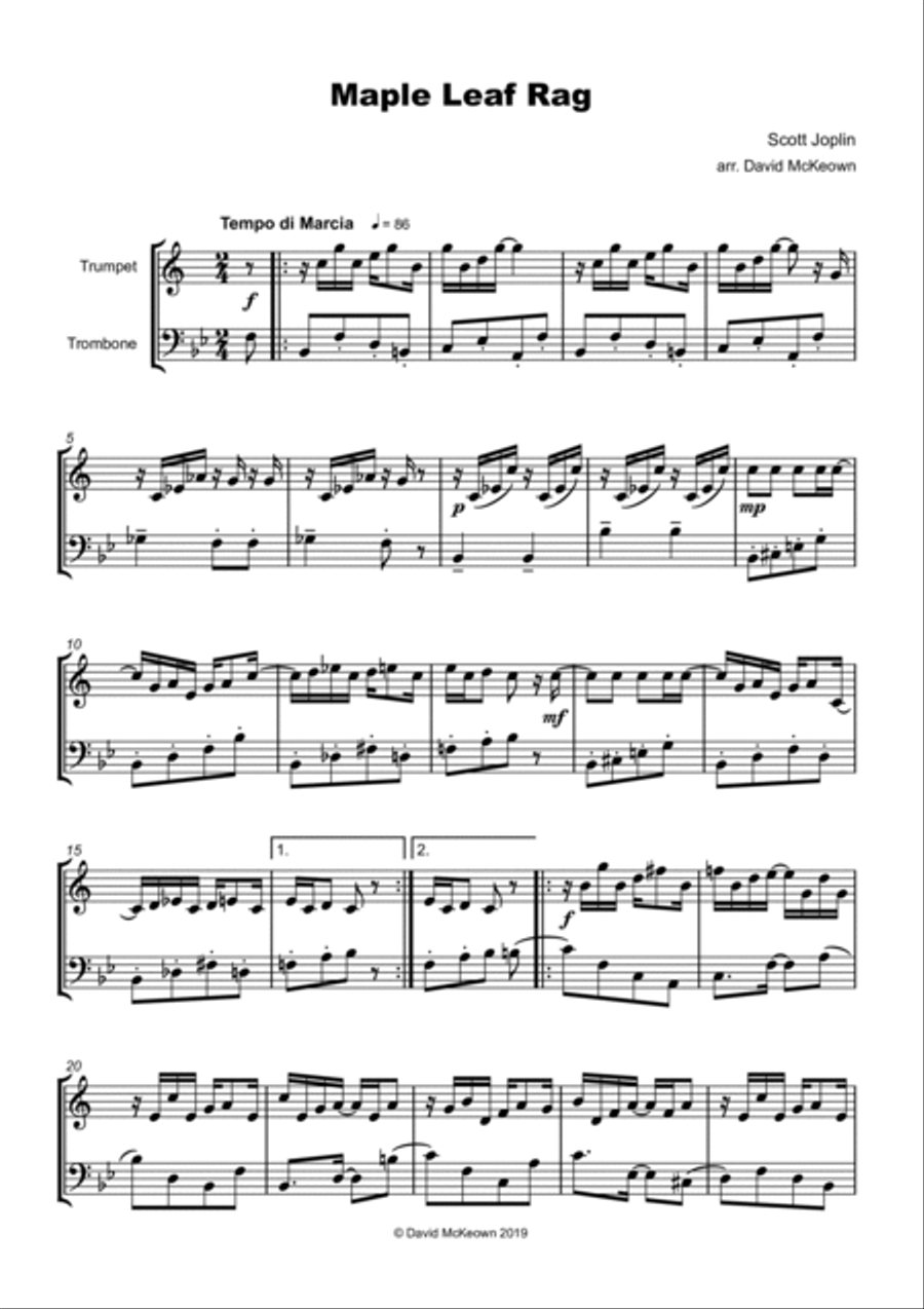 Maple Leaf Rag, by Scott Joplin, Trumpet and Trombone Duet Brass Duet scores gallery preview page 2
