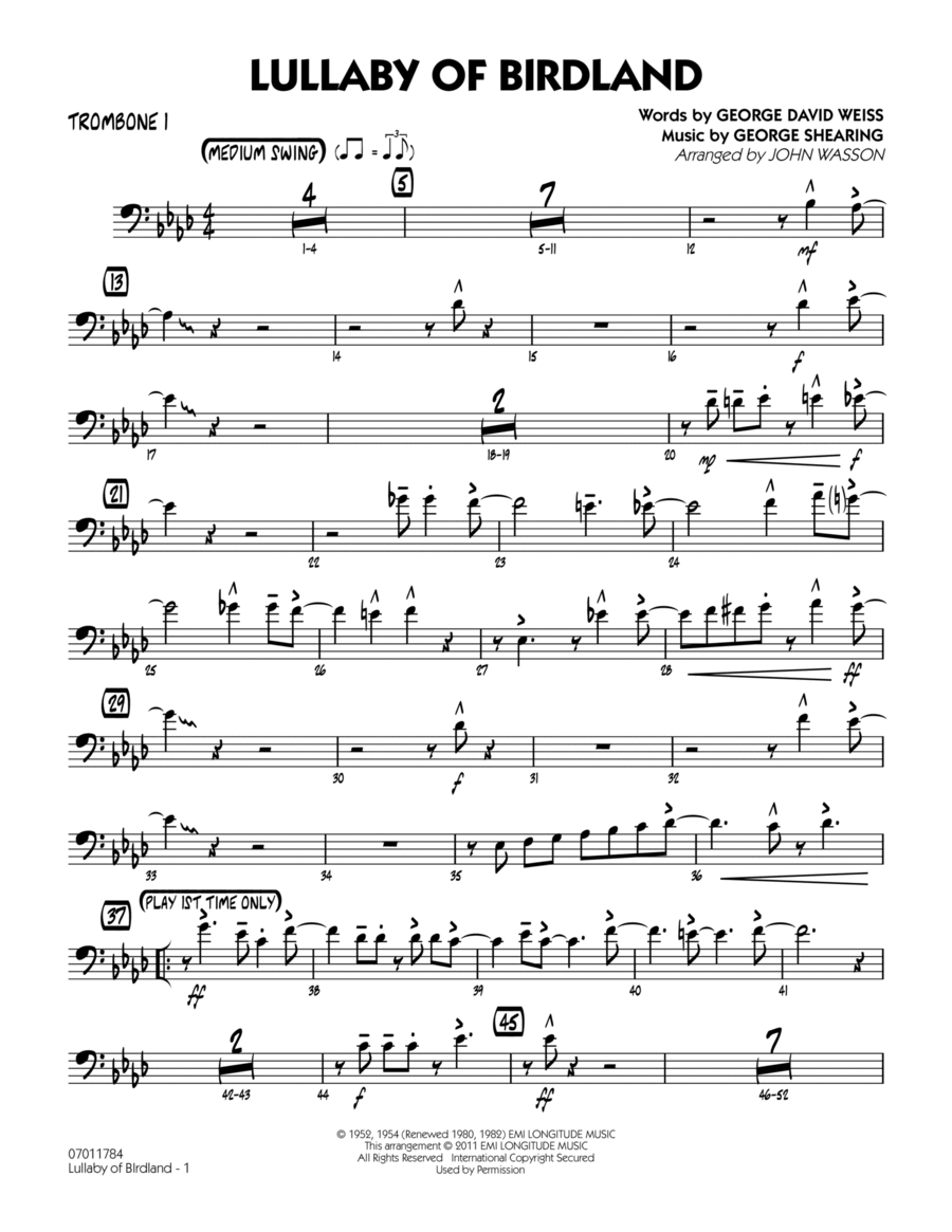 Lullaby Of Birdland - Trombone 1 Jazz Ensemble scores gallery preview page 1